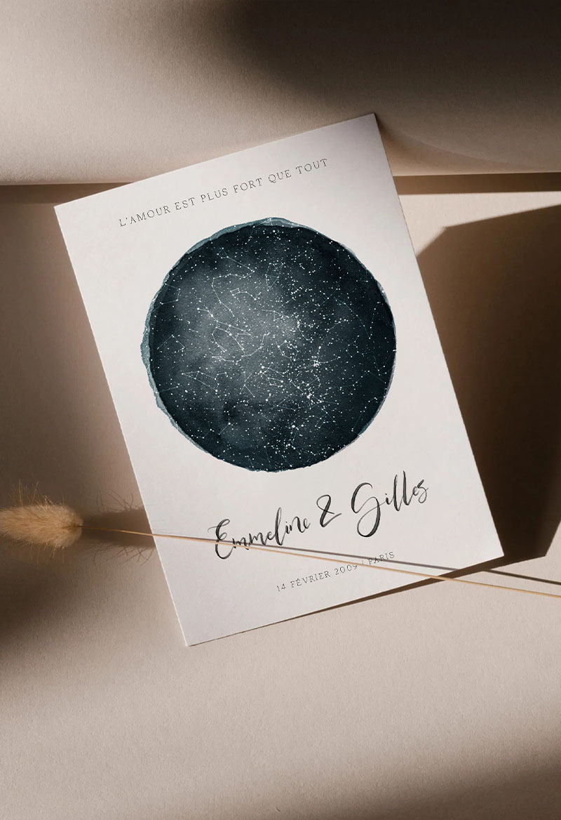 Affiche plan du ciel étoiles et constellations - Date du Couple, Fiançailles. Carte étoile, cadeau Mariage, cadeau personnalisé original